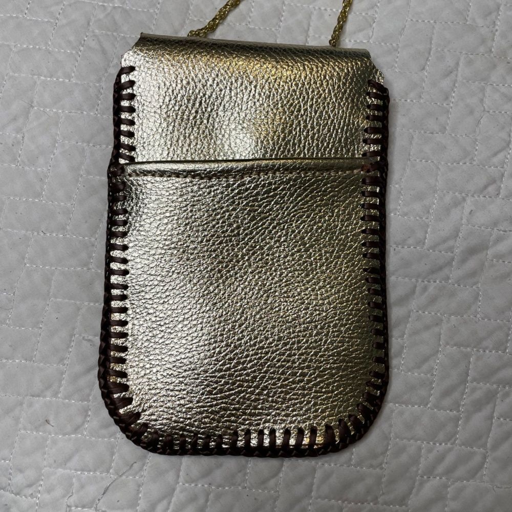 Handmade Custom Gold & Brown Leather Wrap Small Satchel w/ Gold Toned String - Picture 4 of 9